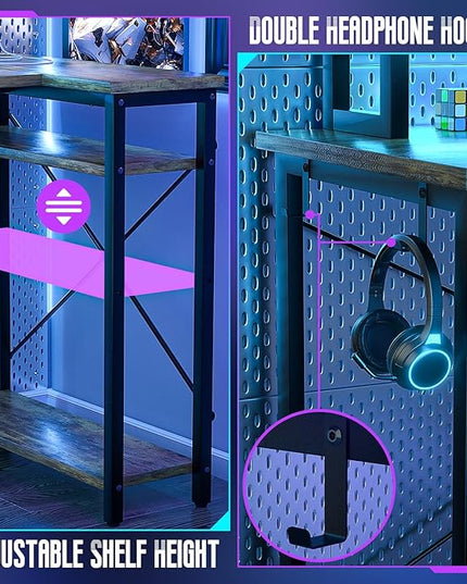 Homieasy Small Gaming Desk with Power Outlet & LED Light, 39 Inch L Shaped Computer Desk with Storage Shelves, Reversible Corner Desk with Monitor Stand Headset Hooks for Home Office, Rustic Brown - LeafyLoom