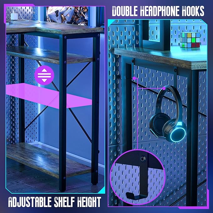 Homieasy Small Gaming Desk with Power Outlet & LED Light, 39 Inch L Shaped Computer Desk with Storage Shelves, Reversible Corner Desk with Monitor Stand Headset Hooks for Home Office, Rustic Brown - LeafyLoom