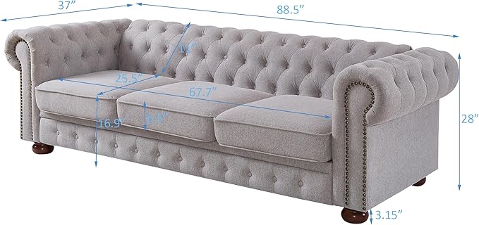 Clasic Chesterfield 3 Seaters Sofa Couch W/Luxury Roller Armrest Soild Wood Legs Linen Fabric Upholstered Button Tufted Sofa&Couch with Removable Cushions & Nailhead Decor, 88.5", Light Grey-007 - LeafyLoom