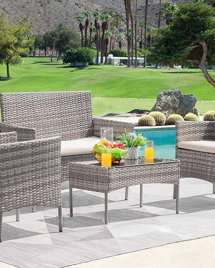 Greesum Patio Furniture 4 Pieces Conversation Sets Outdoor Wickerr Rattan Chairs Garden Backyard Balcony Porch Poolside loveseat with Soft Cushion and Glass Table, Gray and Beige - LeafyLoom