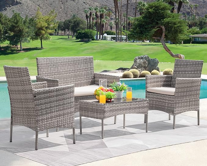 Greesum Patio Furniture 4 Pieces Conversation Sets Outdoor Wickerr Rattan Chairs Garden Backyard Balcony Porch Poolside loveseat with Soft Cushion and Glass Table, Gray and Beige - LeafyLoom