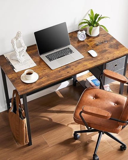Sweetcrispy Small Computer Desk with Drawers 40 Inch Office Writing Work Kids Study 2-Tier Wood Corner Table with Storage Drawers Shelf for Bedroom Home Office - Rustic Brown - LeafyLoom