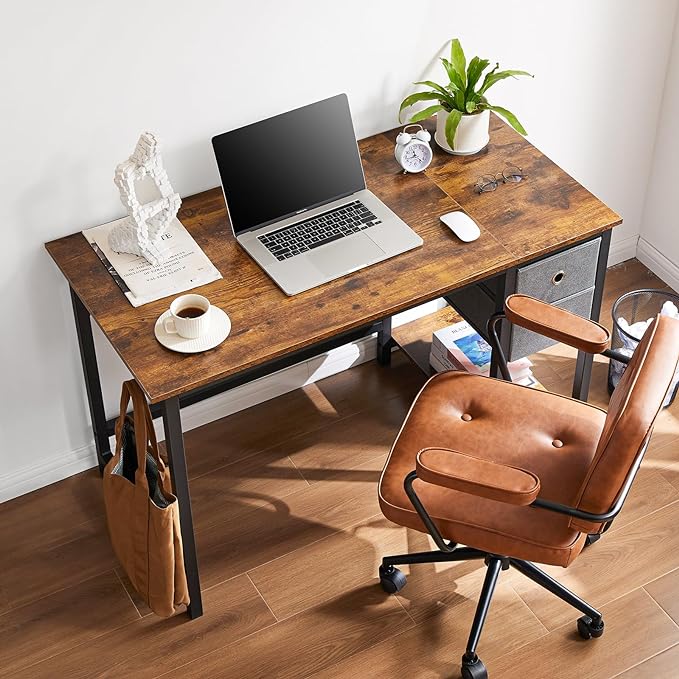 Sweetcrispy Small Computer Desk with Drawers 40 Inch Office Writing Work Kids Study 2-Tier Wood Corner Table with Storage Drawers Shelf for Bedroom Home Office - Rustic Brown - LeafyLoom
