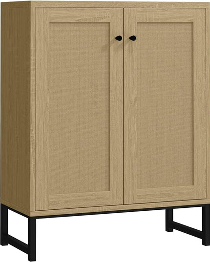 Panana Rattan Decorated 2 Doors Storage Cabinet Accent Cabinet Living Room Cupboard Kitchen Sideboard Buffet Table (Natural) - LeafyLoom