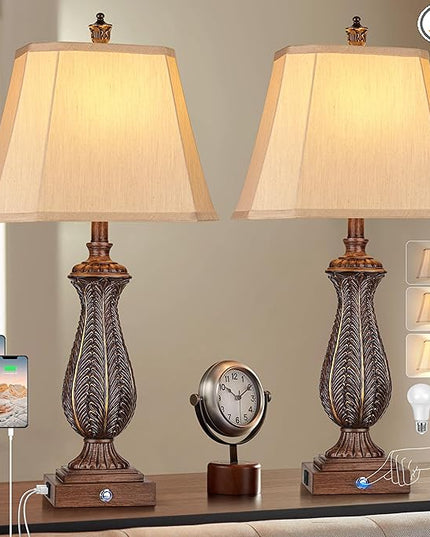 WIHTU 3-Way Dimmable Table Lamps for Bedrooms Set of 2, 30" H Touch Lamps for Living Room with USB & Type-C Ports, Brown Mermaid Bedside Lamp for Nightstand, Resin Farmhouse Rustic Lamp with 2 Bulb - LeafyLoom