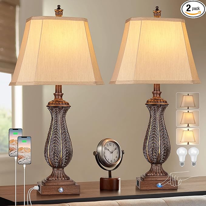 WIHTU 3-Way Dimmable Table Lamps for Bedrooms Set of 2, 30" H Touch Lamps for Living Room with USB & Type-C Ports, Brown Mermaid Bedside Lamp for Nightstand, Resin Farmhouse Rustic Lamp with 2 Bulb - LeafyLoom