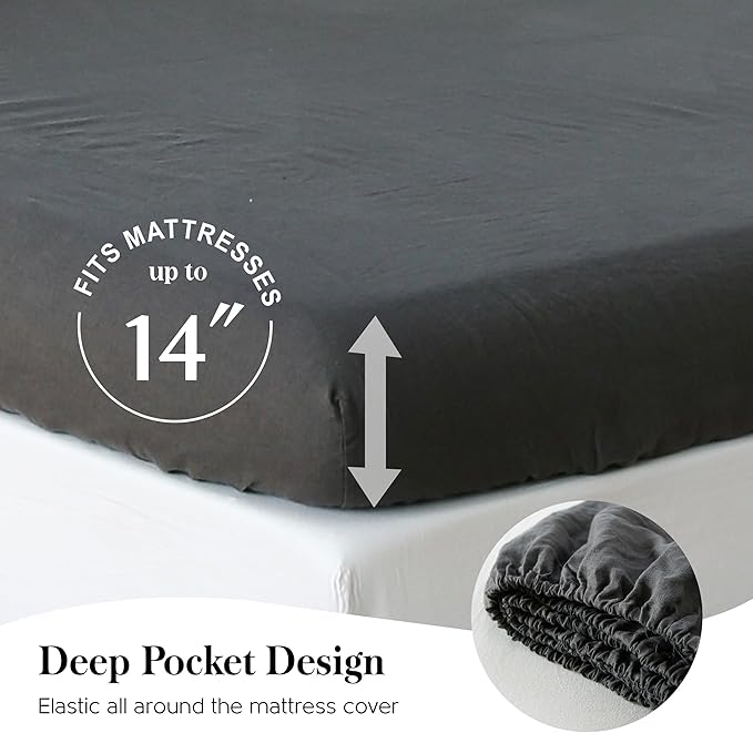 Simple&Opulence 100% Washed Linen Sheet Set-King Size-Natural France Flax Bed Sheet-4 Pcs Breathable,Ultra Soft,Farmhouse Bedding (1 Flat Sheet,1 Fitted Sheet,2 Pillowcases)-Embroidery Dark Grey - LeafyLoom