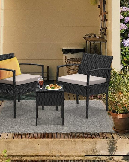 3 Pieces Patio Furniture Set, Balcony Furniture, Patio Bistro Set All-Weather Wicker Chairs Conversation Set with Cushions Table for Outdoor Backyard Porch Lawn (Black-Grey) - LeafyLoom