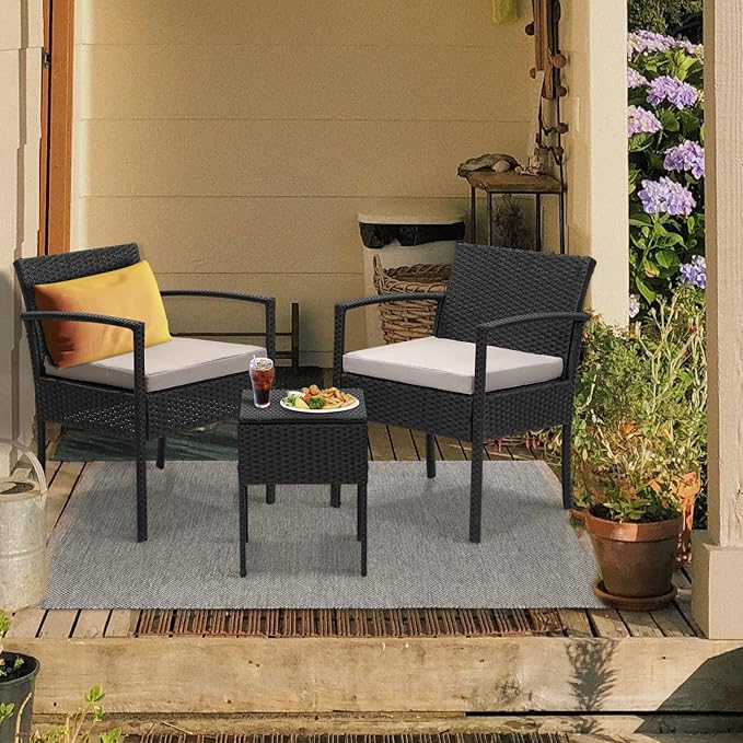 3 Pieces Patio Furniture Set, Balcony Furniture, Patio Bistro Set All-Weather Wicker Chairs Conversation Set with Cushions Table for Outdoor Backyard Porch Lawn (Black-Grey) - LeafyLoom