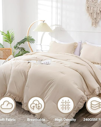 Beige Double Ruffle Comforter Set Twin Size (66x90 Inch), 2 Pcs Farmhouse Vintage Cream Comforter Set (1 Ruffled Comforter and 1 Pillowcase), Rustic All Season Down Alternative Bedding Set - LeafyLoom