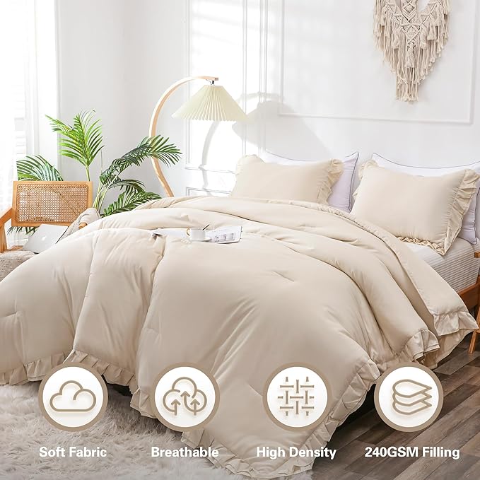 Beige Double Ruffle Comforter Set Full Size (79x90 Inch), 3 Pcs Farmhouse Vintage Cream Comforter Set (1 Ruffled Comforter and 2 Pillowcase), Rustic All Season Down Alternative Bedding Set - LeafyLoom