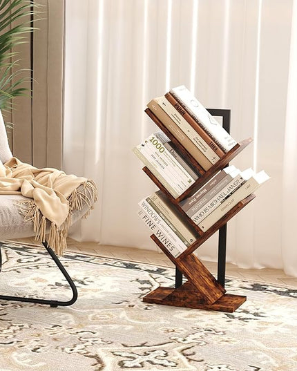 Yusong Tree Bookshelf, 5-Tier Small Bookcase with Metal Frame, Geometric Floor Standing Books Shelves Wooden Shelf for Office Desk Bedroom Tabletop Living Room Rustic Brown - LeafyLoom