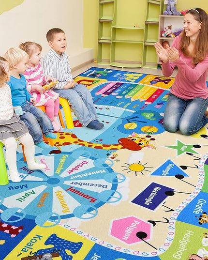 Kids Playroom Rug 4x6 Blue Rugs for Boys Girls Bedroom Child Play Mat Educational and Fun Baby Care Rugs,Learning Rug with ABC Alphabets Animals Shapes No-Slip Carpets for Children Toddler Washable - LeafyLoom
