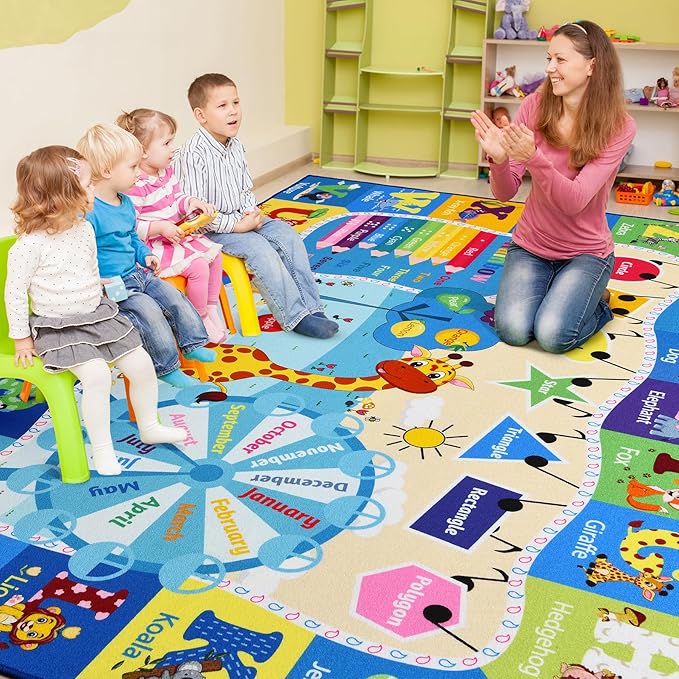 Kids Playroom Rug 4x6 Blue Rugs for Boys Girls Bedroom Child Play Mat Educational and Fun Baby Care Rugs,Learning Rug with ABC Alphabets Animals Shapes No-Slip Carpets for Children Toddler Washable - LeafyLoom