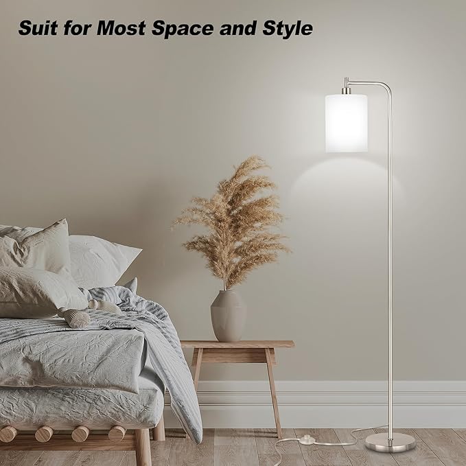 QiMH Floor Lamps for Living Room, Modern LED Standing Reading Light for Bedroom with Glass Shade, Tall Industrial 3 Colors Dimmable Pole Lamp with Foot Control for Home Office Corner Decor (Silver) - LeafyLoom