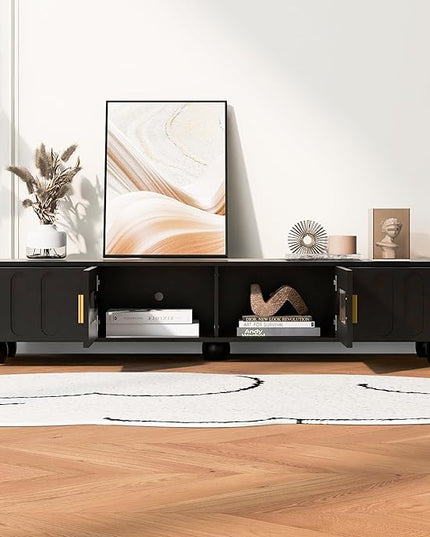 Merax Modern TV Stand for Televisions up to 80 Inches, Entertainment Center with Glass Door, 2 Drawers Wood Storage Cabinet with Solid Legs and Metal Handles for Living Room, 70.90" Length, Black - LeafyLoom