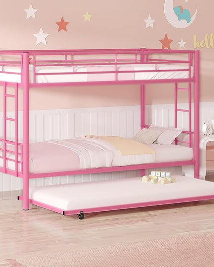 VECELO Twin Over Twin Bunk Bed with Trundle, Metal Bunkbeds with Ladder and Full-Length Guardrail, Noise Free, No Box Spring Needed, Pink - LeafyLoom