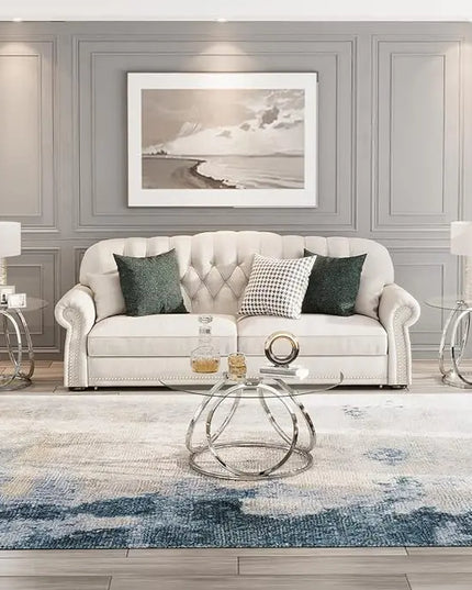 O&K FURNITURE Round Coffee Table, Modern Silver Coffee Table Living Room Table with Ring-Shaped Frames, Glass Coffee Table for Home&Office, Chrome Finish, 1 PC - LeafyLoom