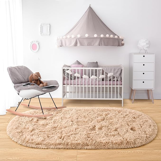 Noahas Ultra Soft Fluffy Bedroom Rugs,2.6' X 5.3' Oval Beige Fluffy Rugs for Bedroom,Small Throw Rugs, Kids Room Carpet Modern Shaggy Area Rugs Home Decor - LeafyLoom