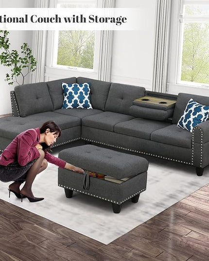 L Shaped Sectional Couch with Ottoman and Pillows 2 Cup Holders Design Living Room Furniture Sets for Apartment, Office, Dark Gray - LeafyLoom