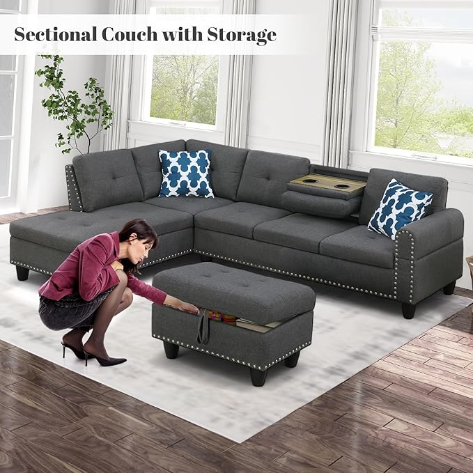 L Shaped Sectional Couch with Ottoman and Pillows 2 Cup Holders Design Living Room Furniture Sets for Apartment, Office, Dark Gray - LeafyLoom