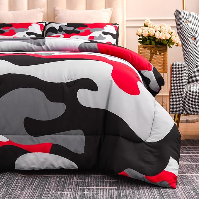 Meeting Story Camouflage Bedding Set, Colorful Pattern Style Queen Comforter Set, 3 PCS One Comforter and Two Pillowcases in One Bag, All Season Bedspread for Kids Teens Adults (Black, Twin) - LeafyLoom