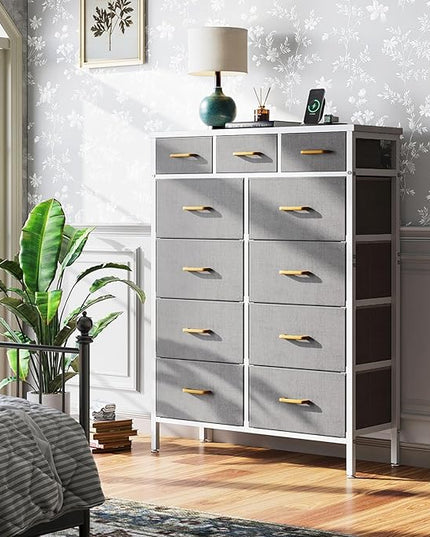 AODK Dresser with Charging Station, 52 Inches Tall Dresser for Bedroom with 11 Storage Drawers, Large Fabric Dressers for Living Room, Hallway, Light Grey - LeafyLoom