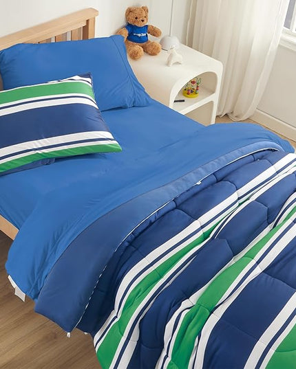 SLEEP ZONE Teens Boys Green Navy Stripe Kids Jersey Knit Comforter Set, Cute & Soft Bedding Set 2 Pieces with Comforter and Pillowcase, Washable, Easy Care (Rugby Stripe Navy/Green, Twin) - LeafyLoom