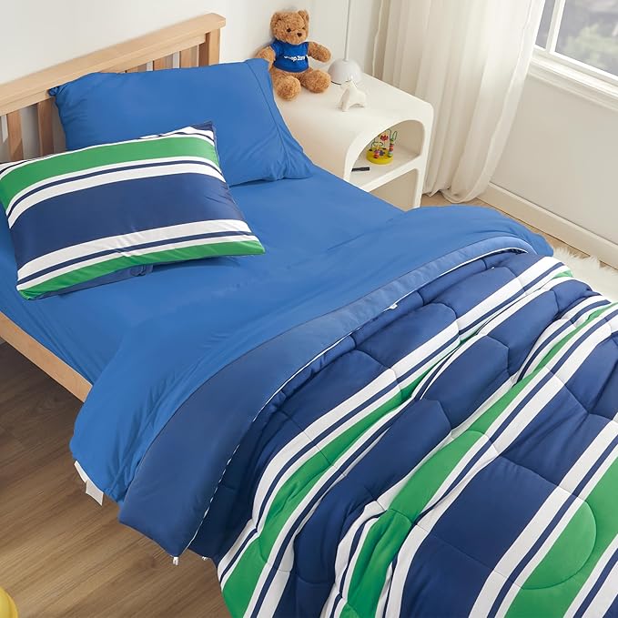 SLEEP ZONE Jersey Knit 3 Pieces Kids Comforter Set, Navy Gree Rugby Stripe Design for Boys and Teens. Durable, Breathable and Easy Care, All Season Use (Rugby Stripe Navy/Green, Full/Queen) - LeafyLoom