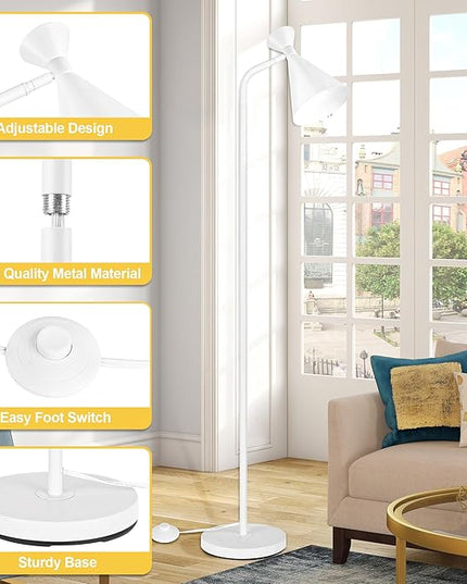 PARTPHONER Floor Lamp for Living Room, Modern Adjustable Metal Heads Standing Lamps, Simple Design White Floor Lamp with Foot Switch for Bedroom, Office, Kids Room, Reading, Working(Bulb Not Included) - LeafyLoom