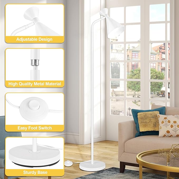 PARTPHONER Floor Lamp for Living Room, Modern Adjustable Metal Heads Standing Lamps, Simple Design White Floor Lamp with Foot Switch for Bedroom, Office, Kids Room, Reading, Working(Bulb Not Included) - LeafyLoom