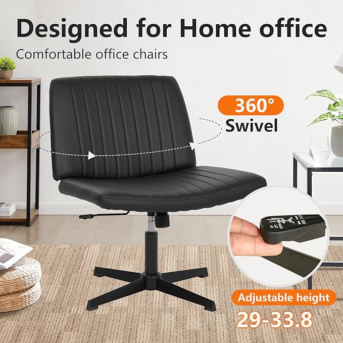 FDW Criss Cross Chair Armless Cross Legged Office Desk Chair Adjustable Swivel Ergonomic Gaming Chair No Wheels Backrest with Wide Seat Native Sponge Computer Task Vanity Chair for Home Office,Black - LeafyLoom