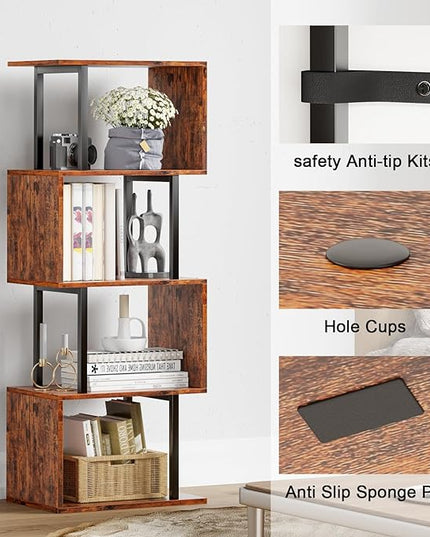 Furologee 5-Tier Bookshelf, S-Shaped Geometric Bookcase, Narrow Freestanding Display Shelves, Modern Wood Decorative Storage Shelving Rack for Bedroom, Living Room, Home Office, Rustic Brown - LeafyLoom
