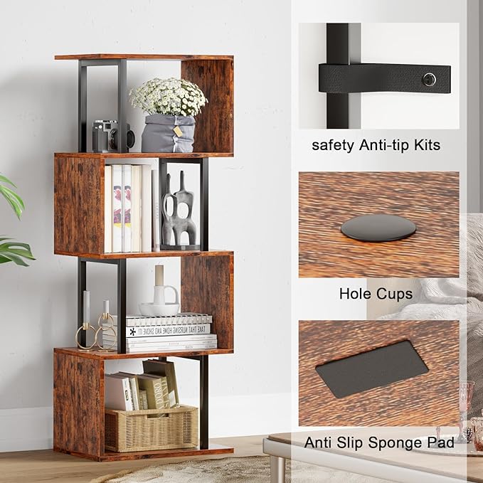 Furologee 5-Tier Bookshelf, S-Shaped Geometric Bookcase, Narrow Freestanding Display Shelves, Modern Wood Decorative Storage Shelving Rack for Bedroom, Living Room, Home Office, Rustic Brown - LeafyLoom