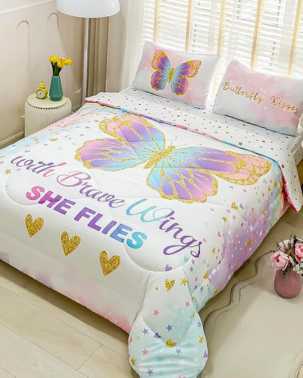 Twin Size Comforter Set for Girls, 5-Piece Bed in a Bag, 3D Colorful Butterfly Bedding Comforter Sheet Set, Ultra Soft and Fluffy, Pink & Rainbow Color - LeafyLoom