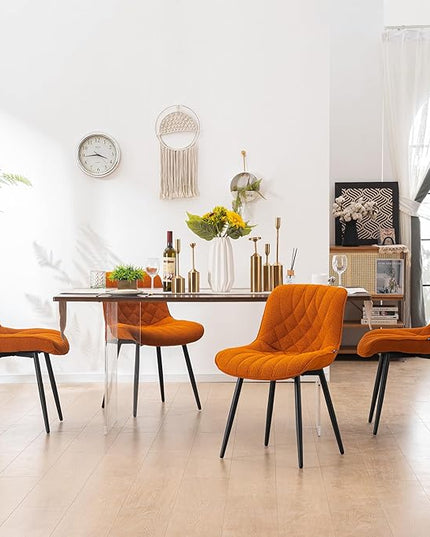 YOUNUOKE Comfortable Dining Chairs Set of 2, Mid-Century Modern Kitchen Dining Room Chairs, Upholstered Backrest Boucle Dining Chair with Black Metal, Orange - LeafyLoom
