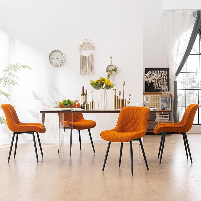 YOUNUOKE Comfortable Dining Chairs Set of 2, Mid-Century Modern Kitchen Dining Room Chairs, Upholstered Backrest Boucle Dining Chair with Black Metal, Orange - LeafyLoom