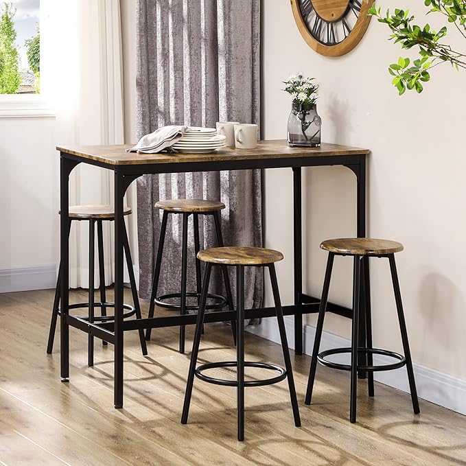 HOMCOM 5-Piece Counter Height Bar Table Set, Rustic 43.25" Dining Table with 4 Bar Stools, Kitchen Table with Wooden Top for Pub, Dining Room, Rustic Brown - LeafyLoom