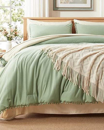 Anluoer Queen Comforter Set 7 Piece, Sage Green Bed in a Bag with Sheets, Pom Pom Boho Bedding Comforter Sets with 1 Comforter, 2 Pillow Shams, 2 Pillowcases, 1 Flat Sheet, 1 Fitted Sheet - LeafyLoom