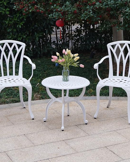 Jardin DE CENTENNAIL 3-Piece Outdoor Bistro Set Cast Aluminum Rust-Resistant Patio Furniture Armchairs Design (White) - LeafyLoom