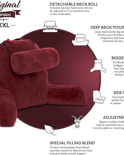Husband Pillow XXL Maroon Backrest with Arms - Adult Reading Pillow with Shredded Memory Foam, Ultra-Comfy Removable Microplush Cover & Detachable Neck Roll, Unmatched Support Bed Rest Sit Up Pillow - LeafyLoom