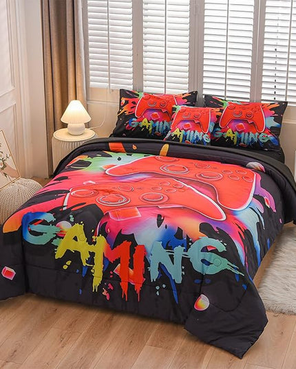 Aimuan Gamer Gaming Bedding Sets 3D Gamepad Comforter Sets for Boys Games Console Action Buttons Novelty Colorful Game Controller Modern Room Decor Home Quilt Set (Black, Twin 6PCS) - LeafyLoom