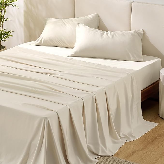 Bedsure Queen Sheets, Rayon Derived from Bamboo, Queen Cooling Sheet Set, Deep Pocket Up to 16", Breathable & Soft Bed Sheets, Hotel Luxury Silky Bedding Sheets & Pillowcases, Light Beige - LeafyLoom