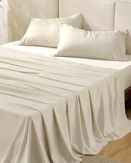 Bedsure King Size Sheet Set, Cooling Sheets King, Rayon Derived from Bamboo, Deep Pocket Up to 16", Breathable & Soft Bed Sheets, Hotel Luxury Silky Bedding Sheets & Pillowcases, Light Beige - LeafyLoom