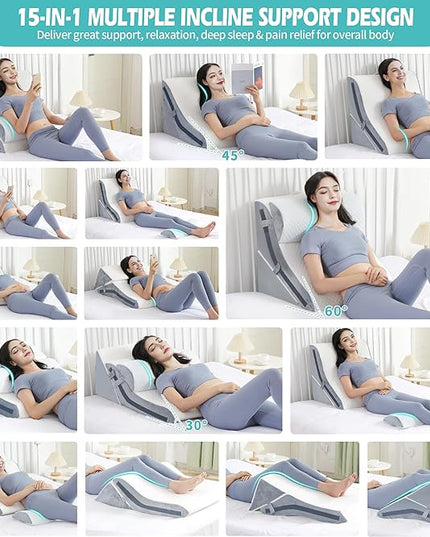 Wedge Pillow for Sleeping, Orthopedic Bed Wedge Pillow Set, 15-in-1 Adjustable Memory Foam Wedge Pillow Post Surgery, 9 &16 & 20 inches Height 3-in-1 Incline Pillows Wedges for Back Pain/Acid Reflux - LeafyLoom