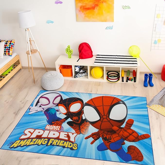 Gertmenian Kids Playroom & Game Room Carpet | Marvel Spidey and Amazing Friends Childrens Rug | Kids Home Decor, Perfect Area Rug for Boys & Girls Playroom, Bedroom | 54x78 Large, Cyan Blue, 19431 - LeafyLoom