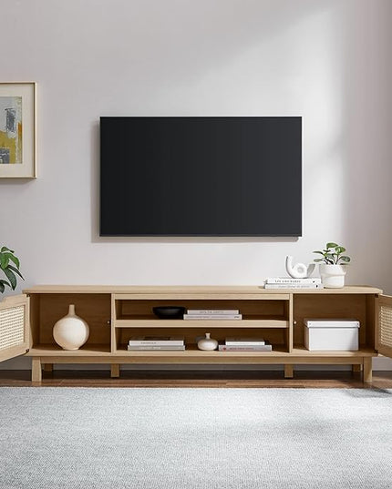 Walker Edison Destin Modern Minimal Rattan-Door Stand for TVs up to 80 Inches, 70 Inch, Coastal Oak - LeafyLoom