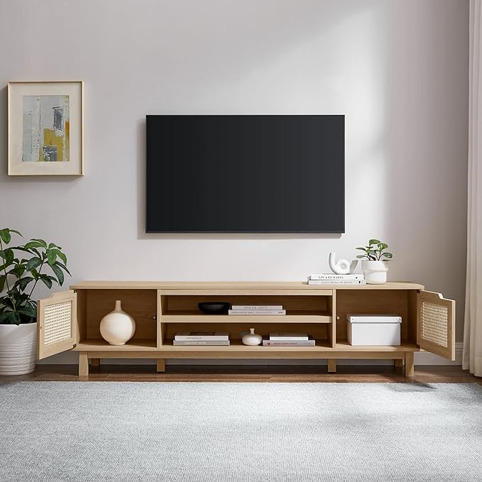 Walker Edison Destin Modern Minimal Rattan-Door Stand for TVs up to 80 Inches, 70 Inch, Coastal Oak - LeafyLoom