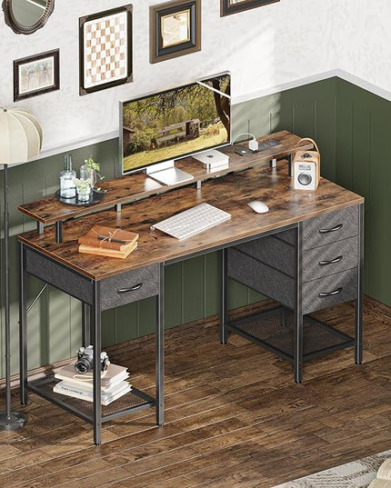 55 inch Computer Desk with 4 Drawers, Gaming Desk with LED Lights & Power Outlets, Home Office Desk with Large Storage Space for Bedroom, Work from Home, Rustic Brown - LeafyLoom