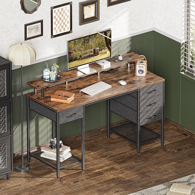 55 inch Computer Desk with 4 Drawers, Gaming Desk with LED Lights & Power Outlets, Home Office Desk with Large Storage Space for Bedroom, Work from Home, Rustic Brown - LeafyLoom